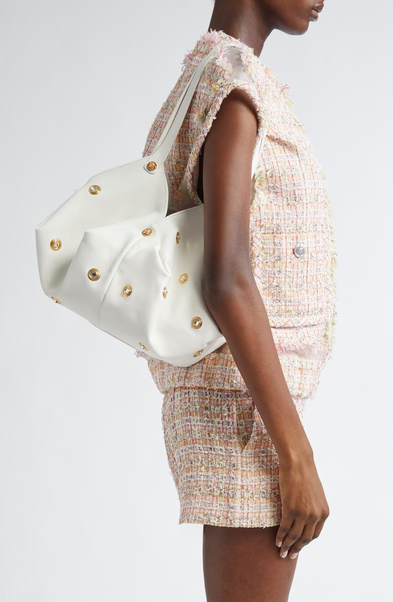 Versace Protea Crystal Stud Leather Shoulder Bag, Alternate, color, Porcelain White Gold