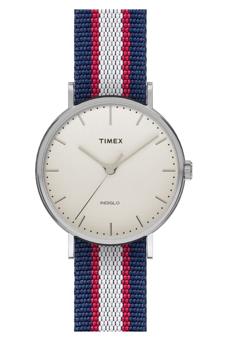 Fairfield Pavilion Round Nylon Strap Watch, 41mm, Main, color, CREAM/ RED/ WHITE/ BLUE STRIPE
