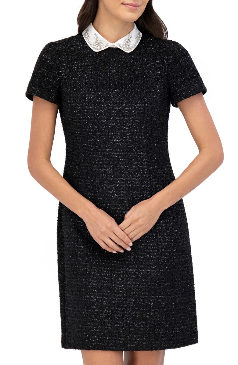 Eliza J Embellished Collar Tweed Shift Dress, Alternate, color, Black