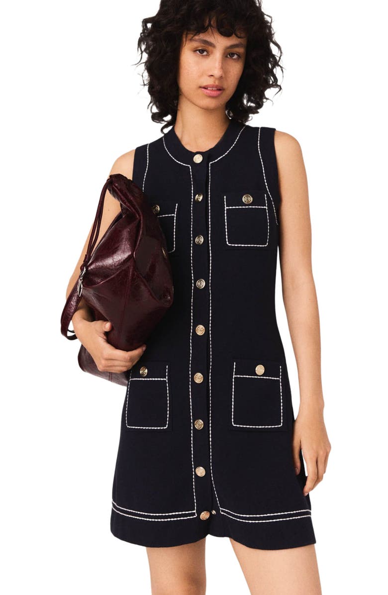 maje Straight dress in stitched knit, Alternate, color, Navy