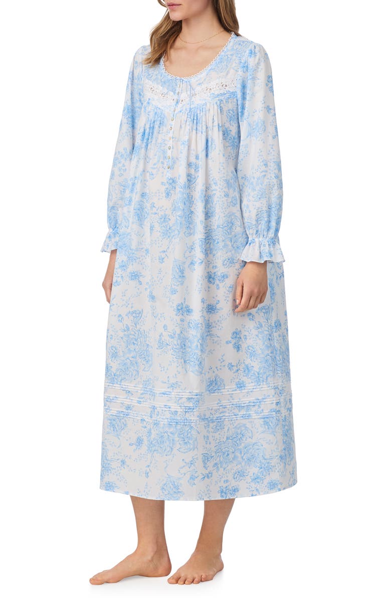 Eileen West Long Sleeve Cotton Lawn Ballet Nightgown, Alternate, color, White/ Blue Flower