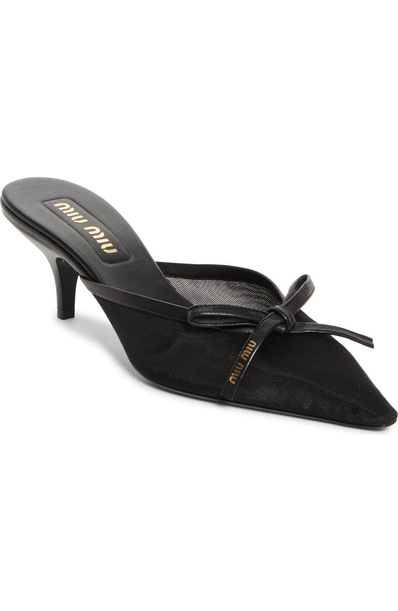 Miu Miu Bow Mesh Kitten Heel Mule, Main, color, Nero