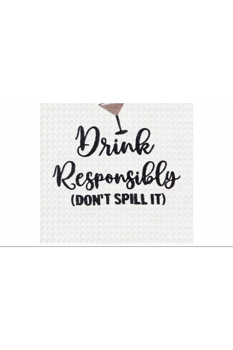 "Drink Responsibly Don't Spill It" Martini Cotton Waffle Weave Dishtowel, Alternate, color, Black