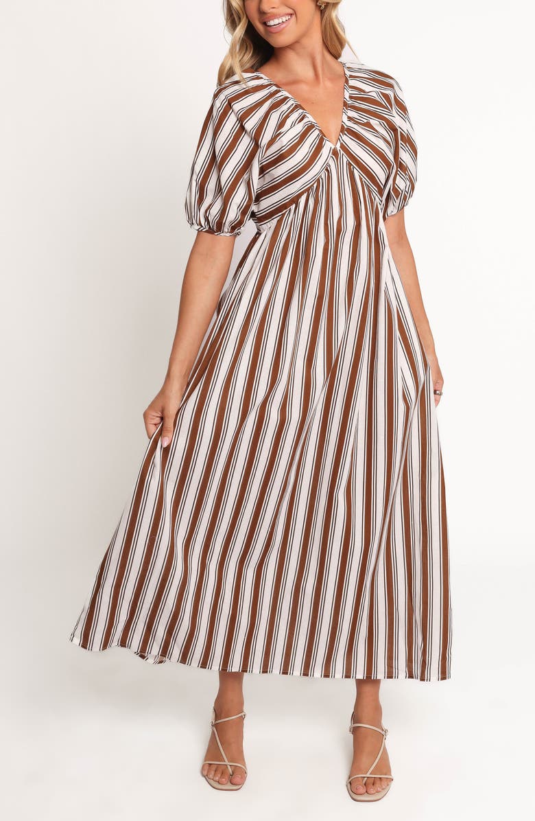 Petal & Pup Sullivan Stripe Puff Sleeve Cotton & Linen Maxi Dress, Main, color, Chocolate Stripe