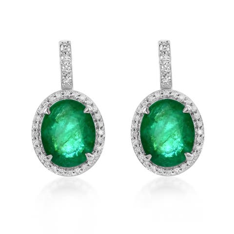14K Gold 5.11cttw Oval-Cut Emerald & 0.33cttw Diamonds Earrings
