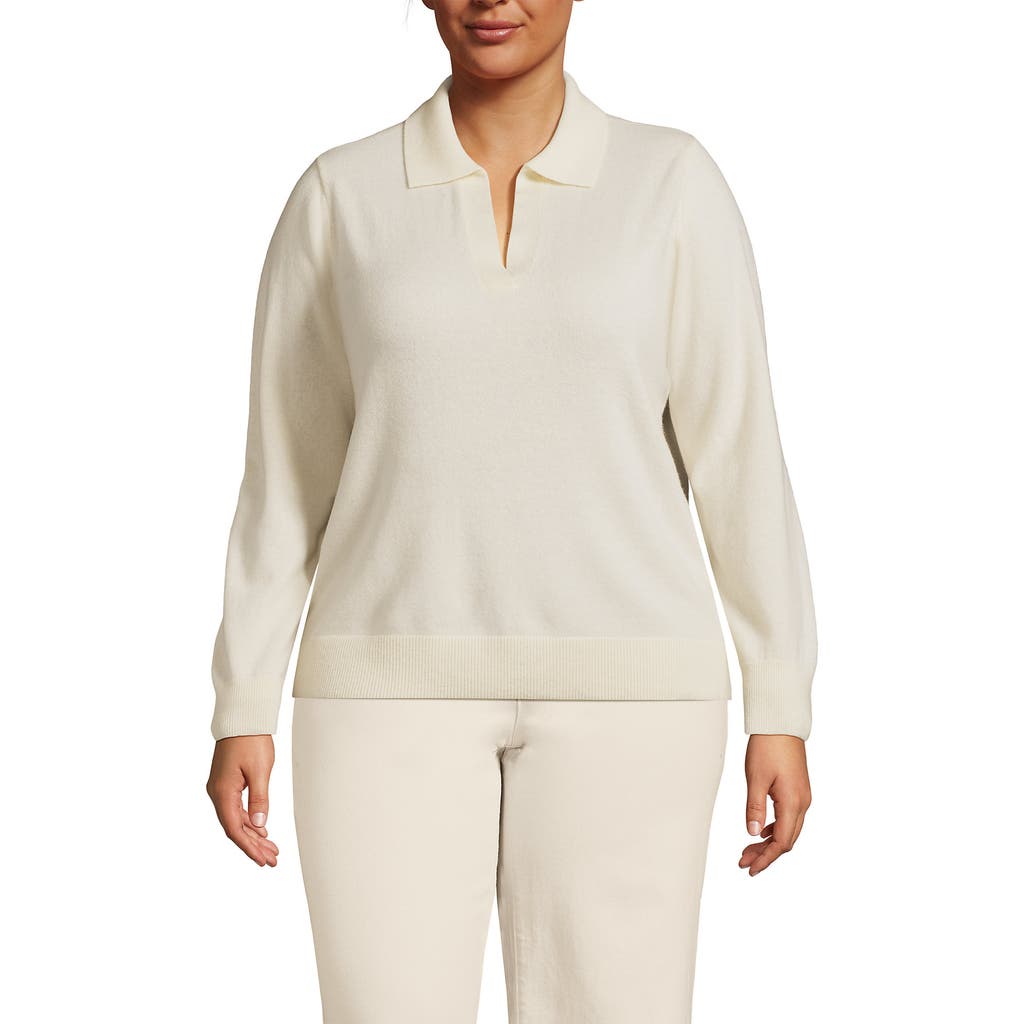 Lands' End Cashmere Johnny Collar Sweater In White