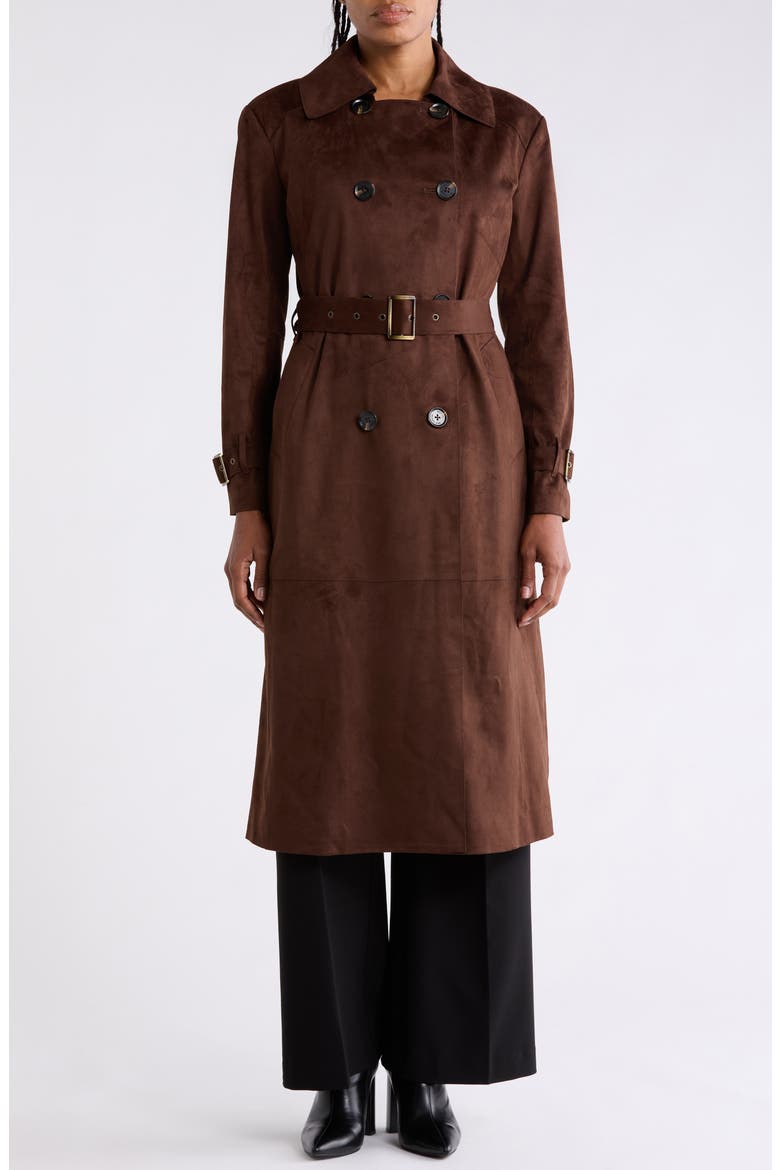 Double Breasted Faux Suede Trench Coat, Alternate, color, CHOCOLATE