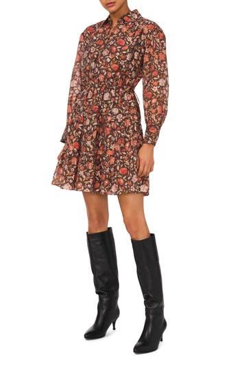 1.state Floral Long Sleeve Cotton Blend Voile Dress In Carnelian