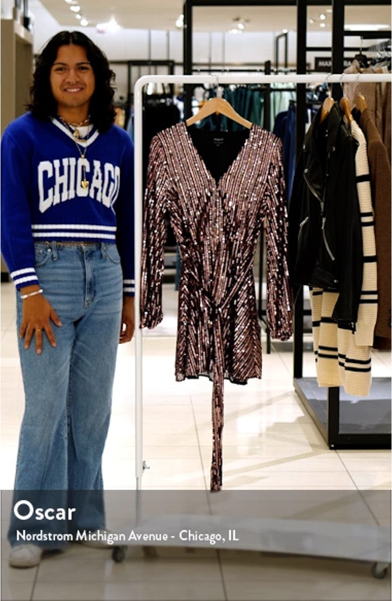 Sequin Stripe Long Sleeve Faux Wrap Minidress, sales video thumbnail