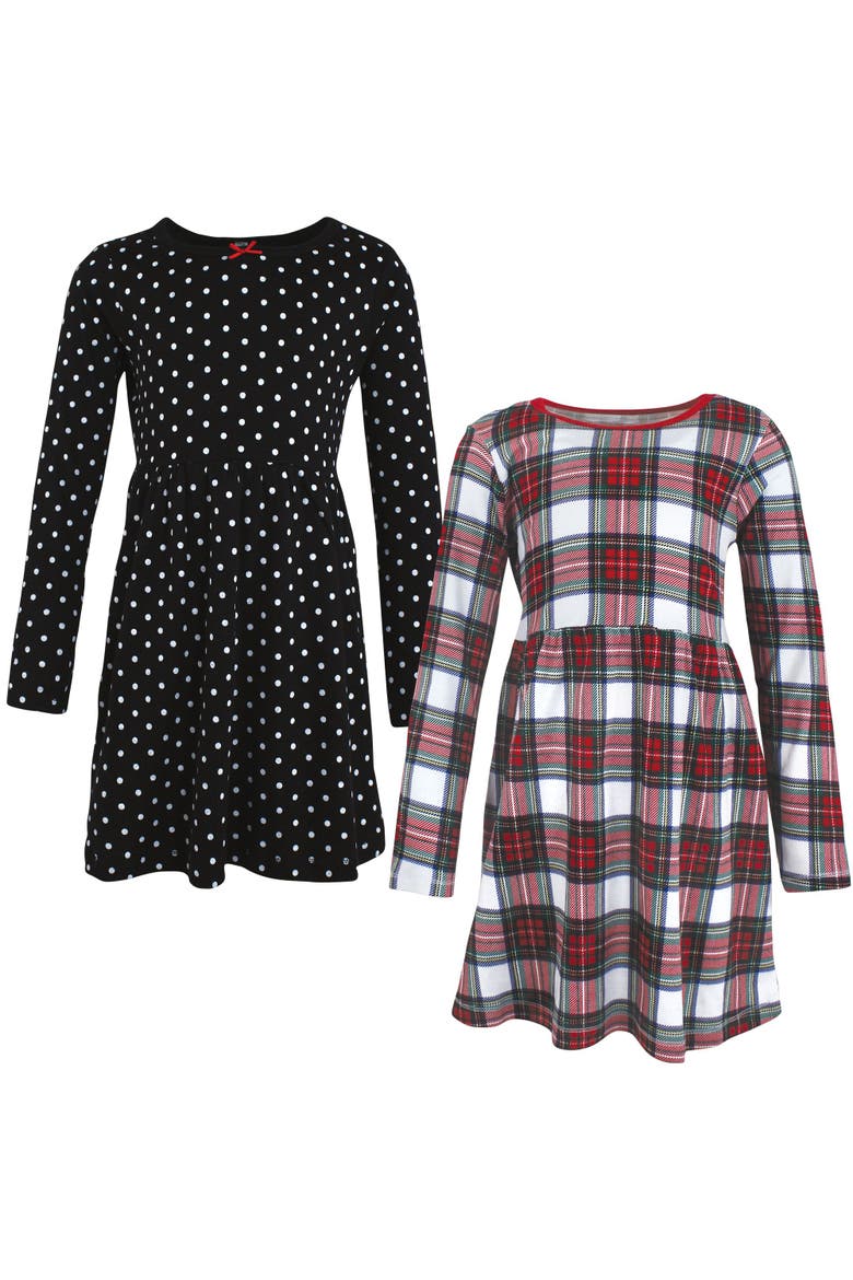 Two-Piece Set of Long-Sleeve Dresses, Alternate, color, Black White Tartan