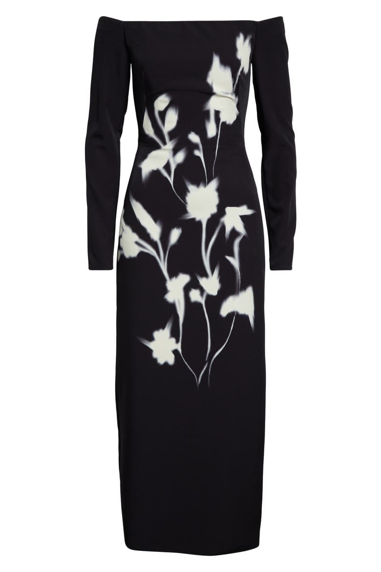 Floral Crepe Off the Shoulder Column Gown, Alternate, color, BLACK