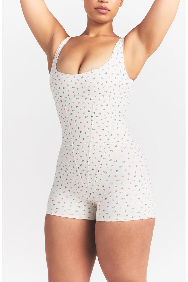 Matte Floral Corset Bodysuit, Alternate, color, NSKM ACTV IVORY/ NSKM FLAMINGO
