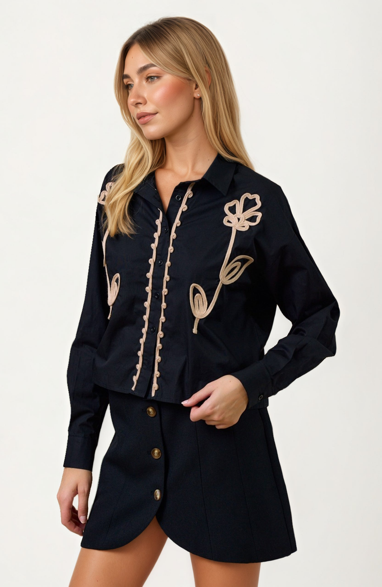 Knit and Lounge Embroidered Long Sleeve Button Front Blouse, Alternate, color,