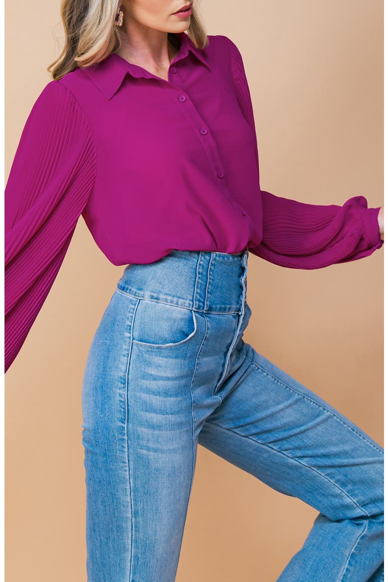 Pleated Sleeve Button-Up Shirt, Alternate, color, MAGENTA