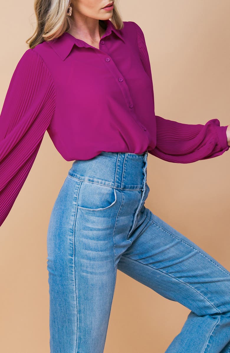 FLYING TOMATO Pleated Sleeve Button-Up Shirt, Alternate, color, Magenta