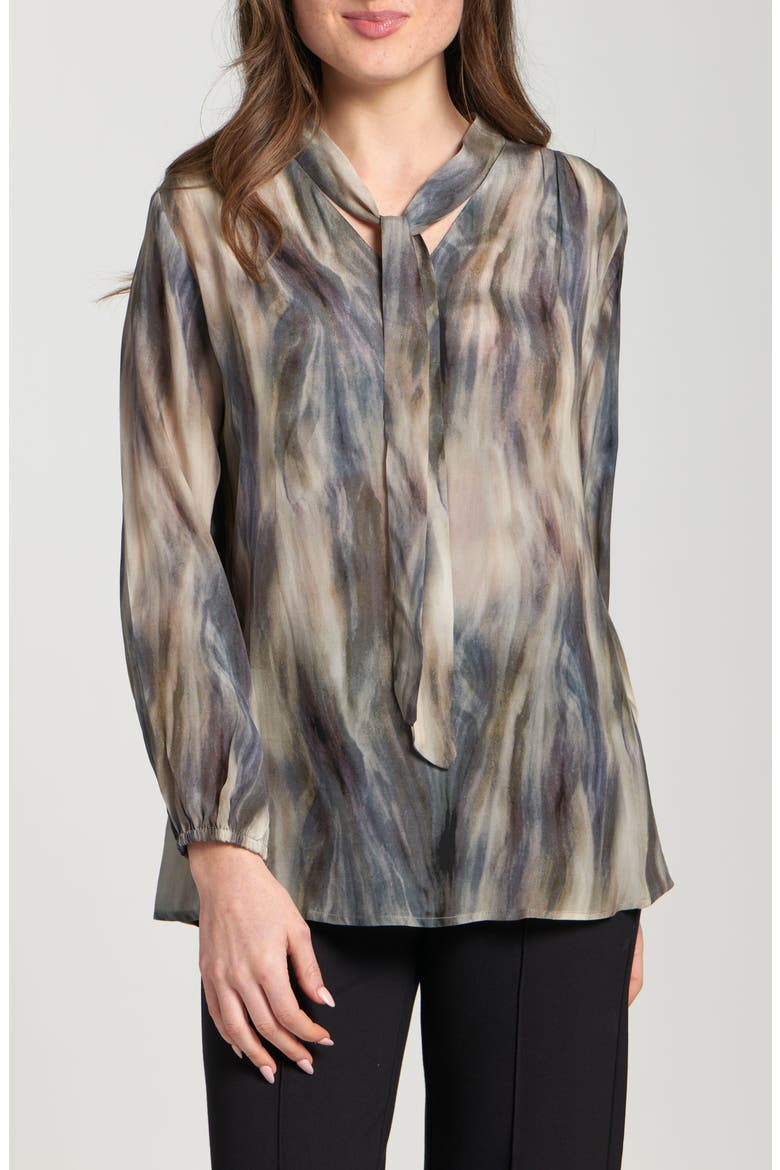 Print Tassel Tie Neck Top, Main, color, BROWN MULTI