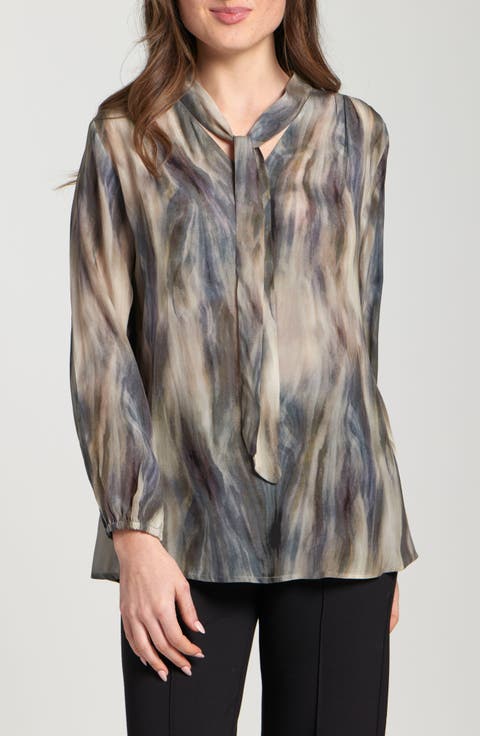 Print Tassel Tie Neck Top