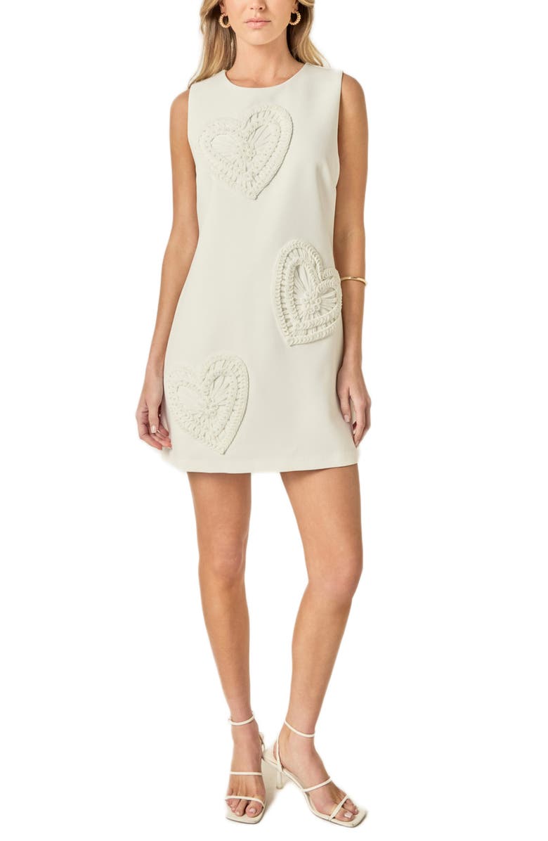 English Factory Faux Pearl Heart Appliqué Sleeveless Minidress, Main, color, White