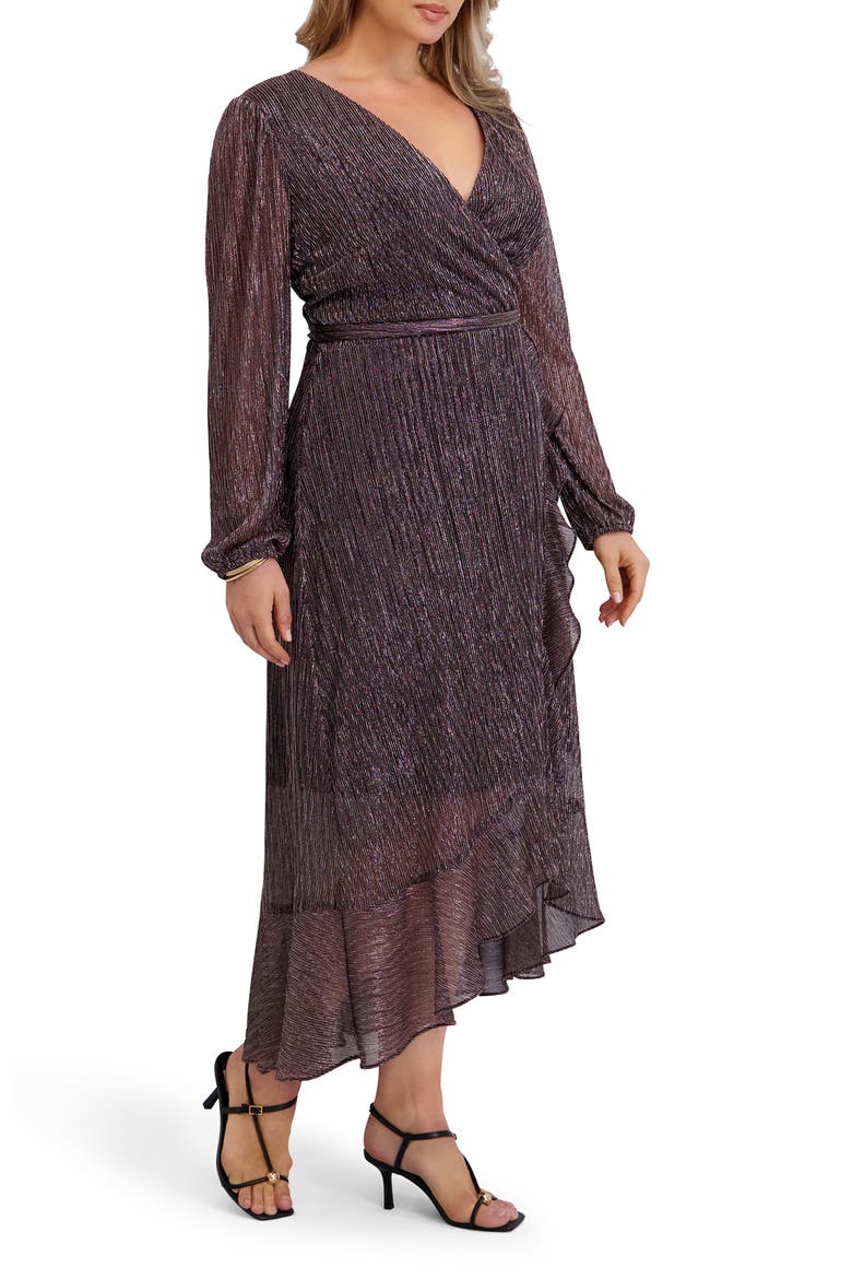 Ruffled Metallic Long Sleeve High-Low Maxi Dress, Alternate, color, ROSE GOLD