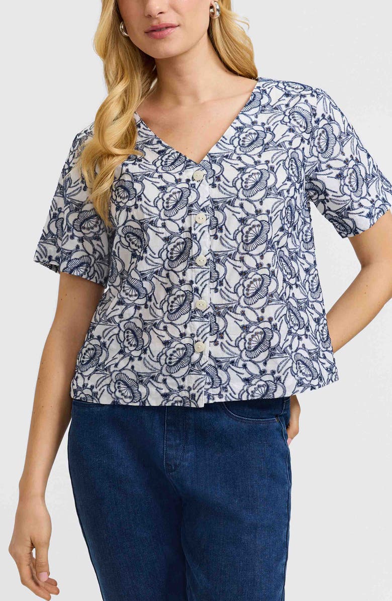 Foxcroft Isabel Floral Embroidered Cotton Button-Up Top, Main, color, White/ Navy