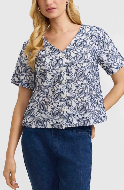 Isabel Floral Embroidered Cotton Button-Up Top