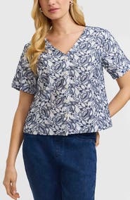 Foxcroft Isabel Floral Embroidered Cotton Button-Up Top