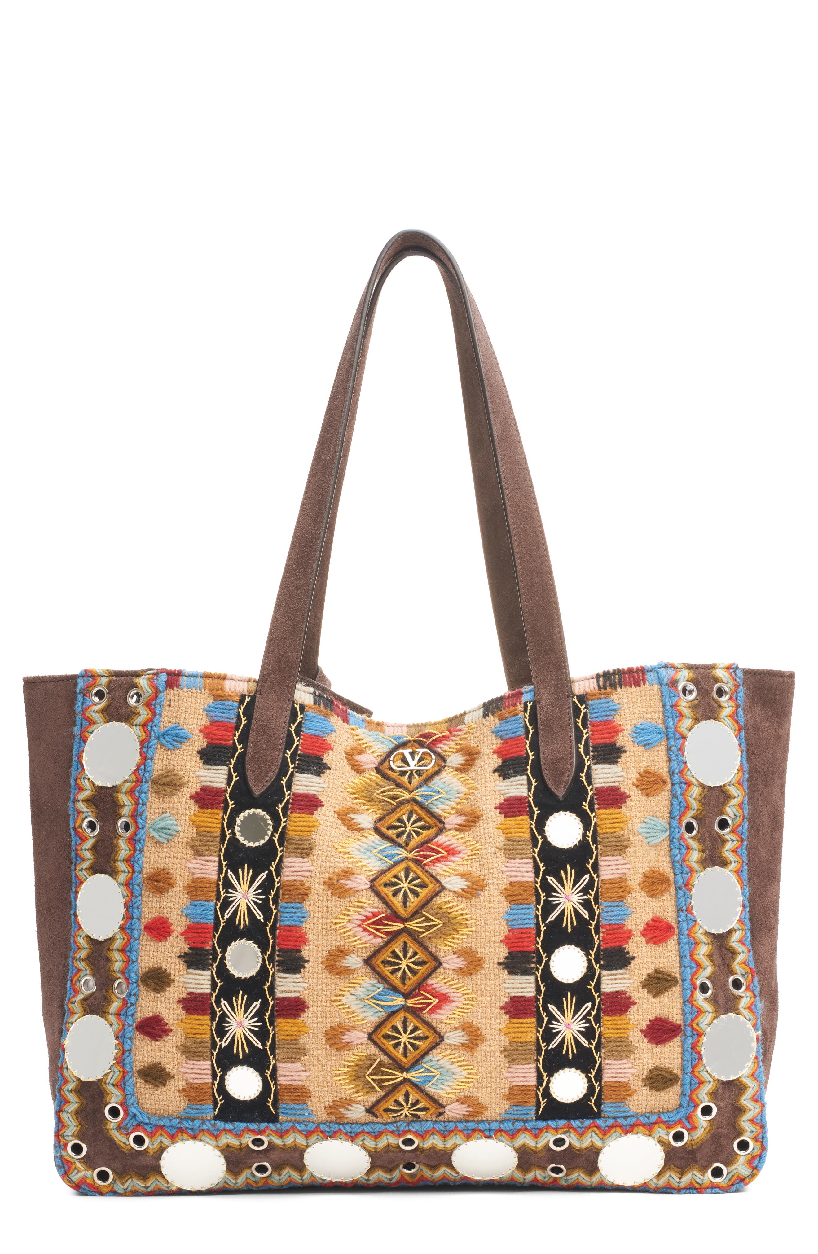Valentino Garavani Large Nellcôte Embroidered Tote, Main, color, Brown Multi