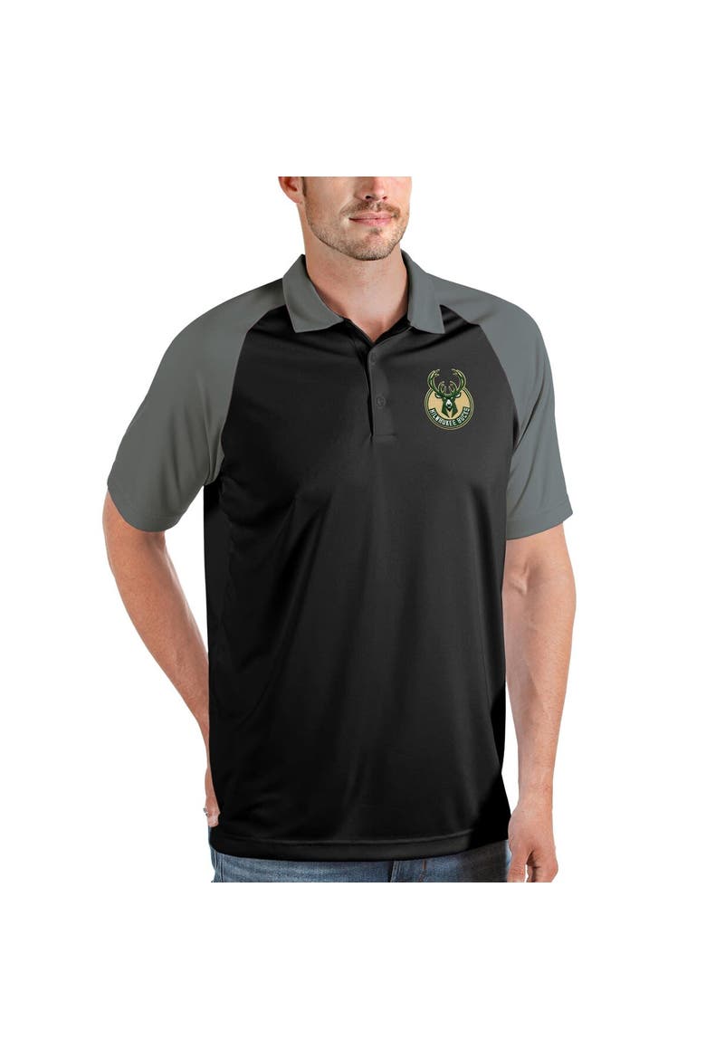 Men's Antigua Black Milwaukee Bucks Nova Raglan Polo, Main, color, Black
