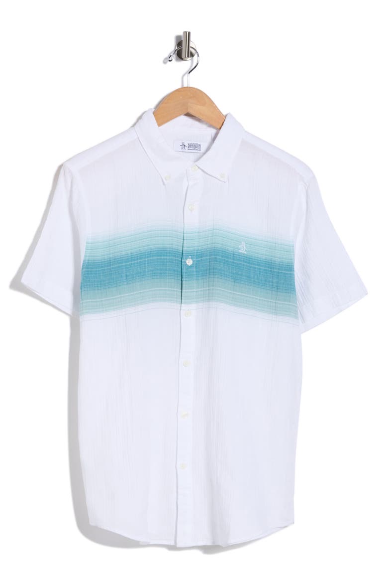 Chest Stripe Short Sleeve Crinkle Button-Down Shirt, Alternate, color, BRIGHT WHITE