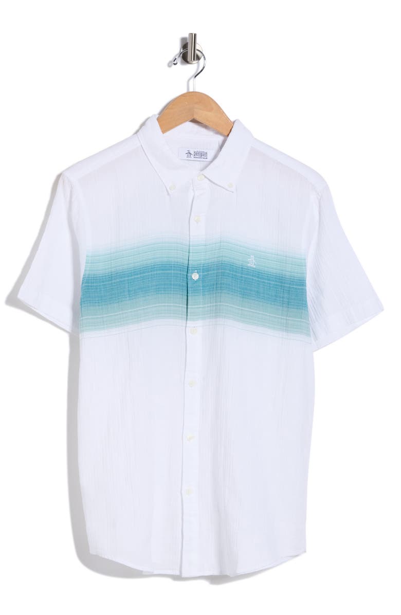 Original Penguin Chest Stripe Short Sleeve Crinkle Button-Down Shirt, Main, color, Bright White