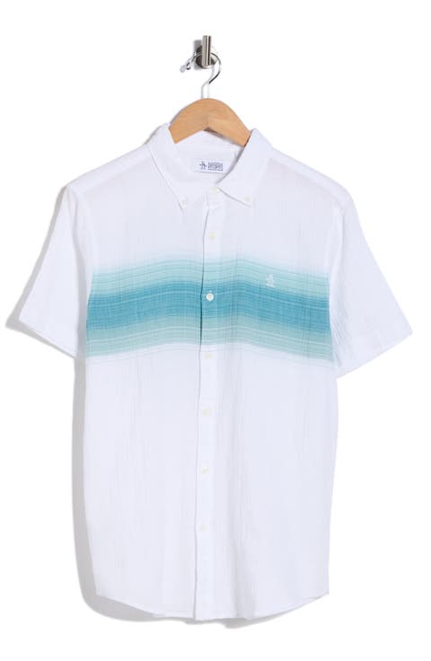 Chest Stripe Short Sleeve Crinkle Button-Down Shirt