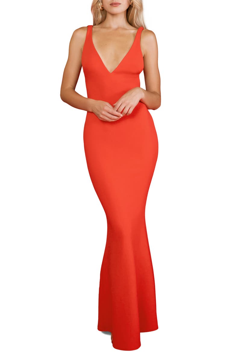 Katie May Tina Deep V-Neck Open Back Mermaid Gown, Main, color, Cherry