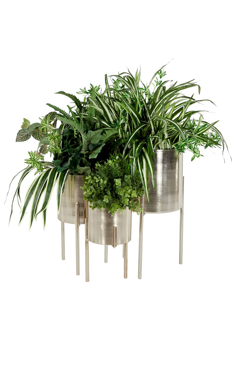 WILLOW ROW Silvertone Metal Contemporary Planter with Removable Stand - Set of 3, Alternate, color, 