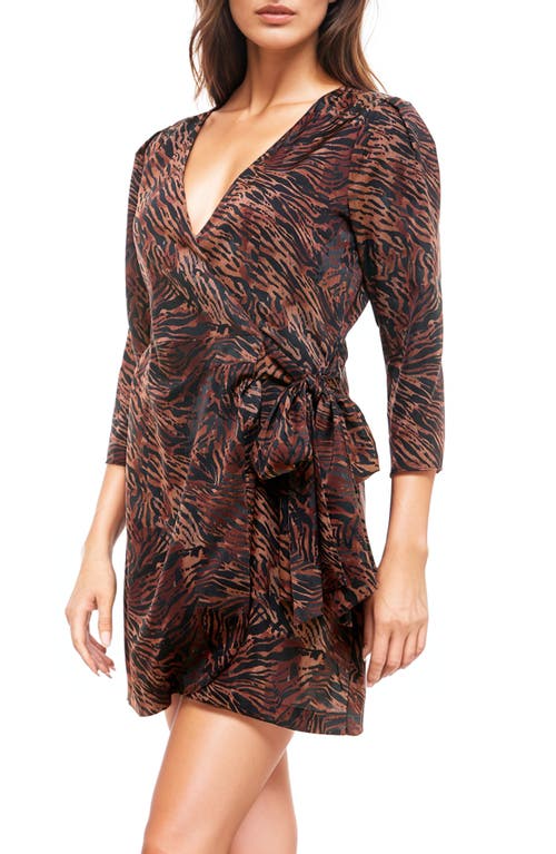 Socialite Stripe Long Sleeve Satin Wrap Dress In Dark Brown Animal