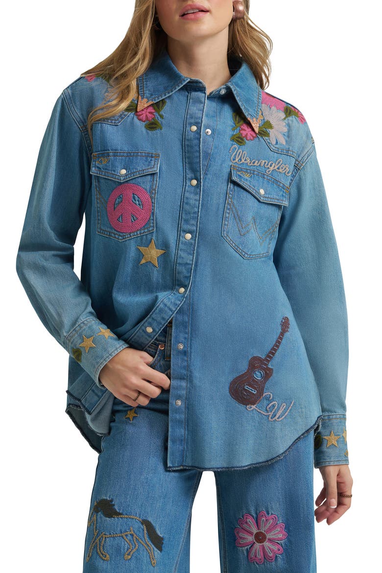x Lainey Wilson Embroidered Denim Snap-Up Shirt, Main, color, DENIM