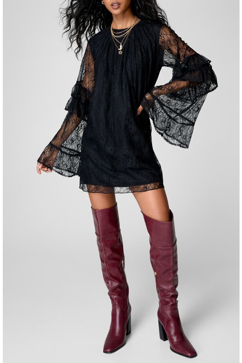 Long Sleeve Lace Minidress, Main, color, BLACK