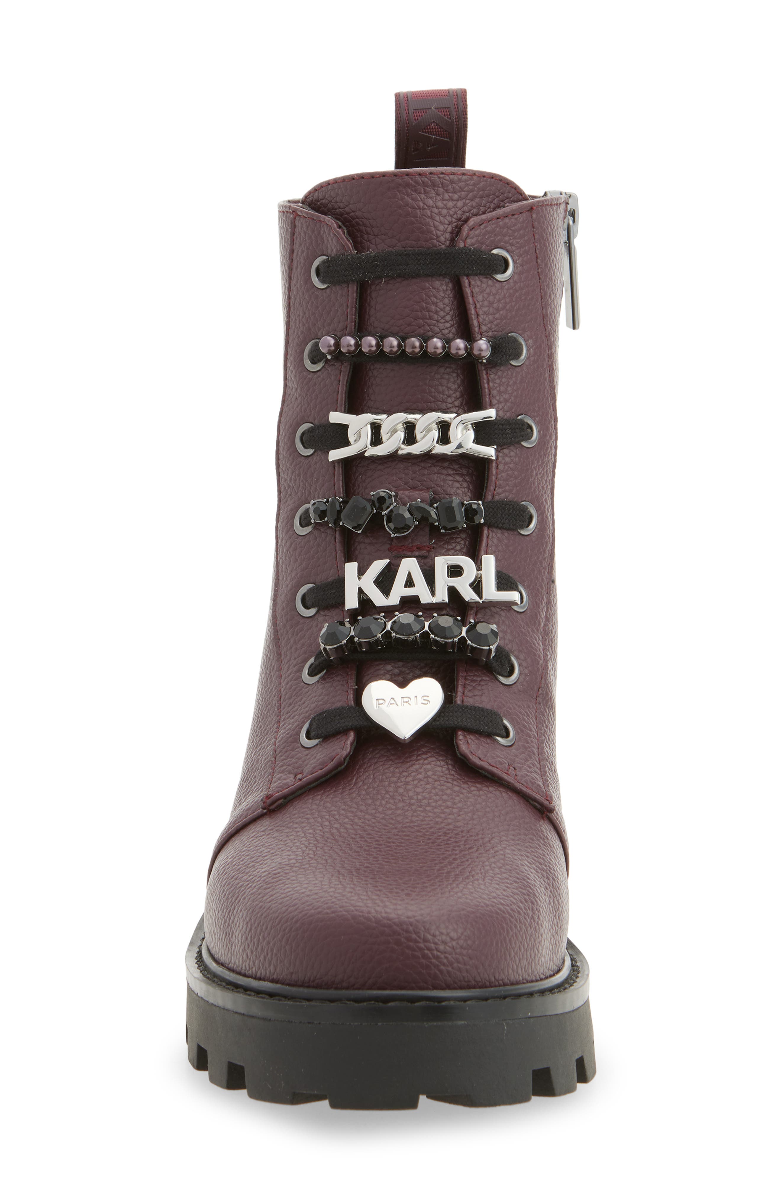KARL LAGERFELD PARIS Mela Lug Sole Boot, Alternate, color, Wine