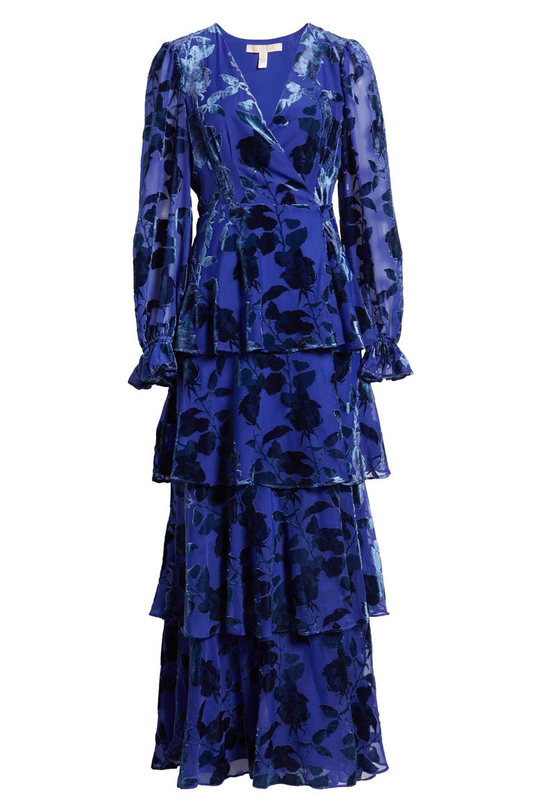 Long Sleeve Velvet Burnout Maxi Wrap Dress, Alternate, color, SILHOUETTE ROSES