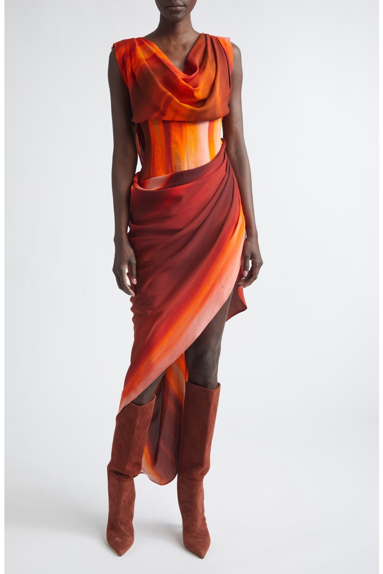Draped Open Back Dress, Main, color, RED MULTI