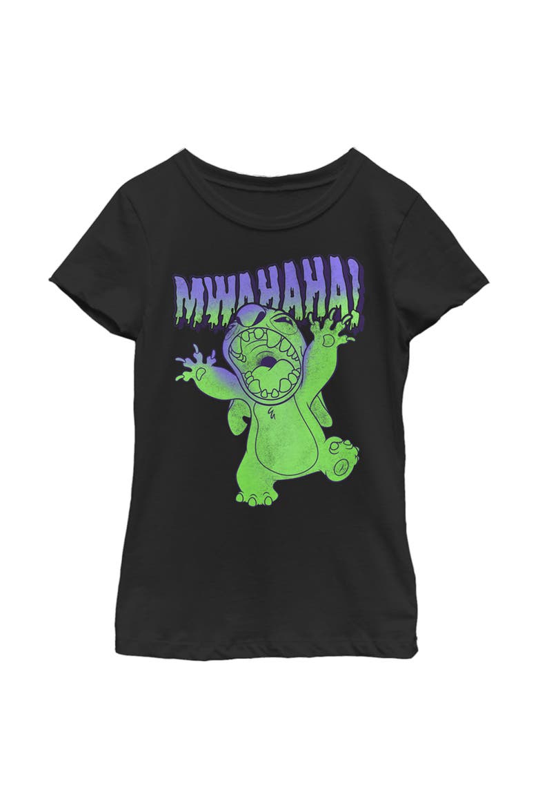 Girl's Lilo & Stitch Mwahaha Halloween Horror T-Shirt, Main, color, Black