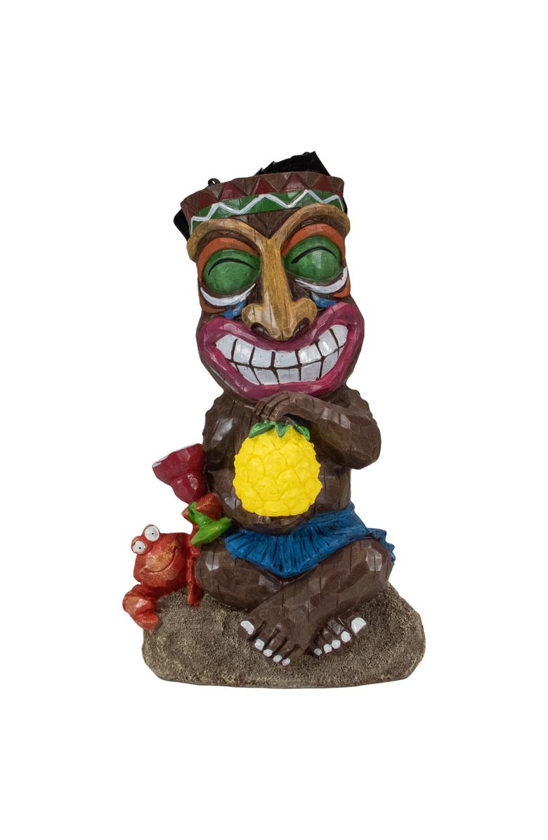 Northlight 13.75" Solar Lighted Polynesian Outdoor Garden Smiling Tiki Statue, Main, color, Brown