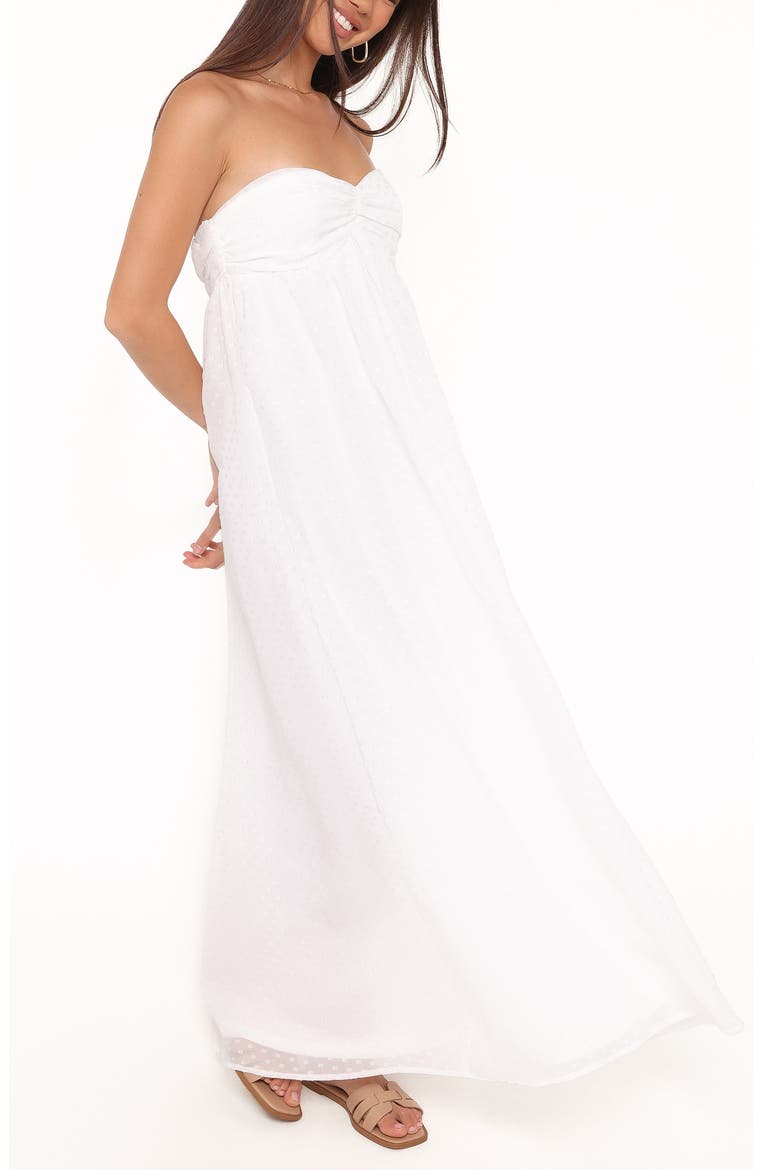 Vee Clip Dot Strapless Maxi Dress, Alternate, color, WHITE