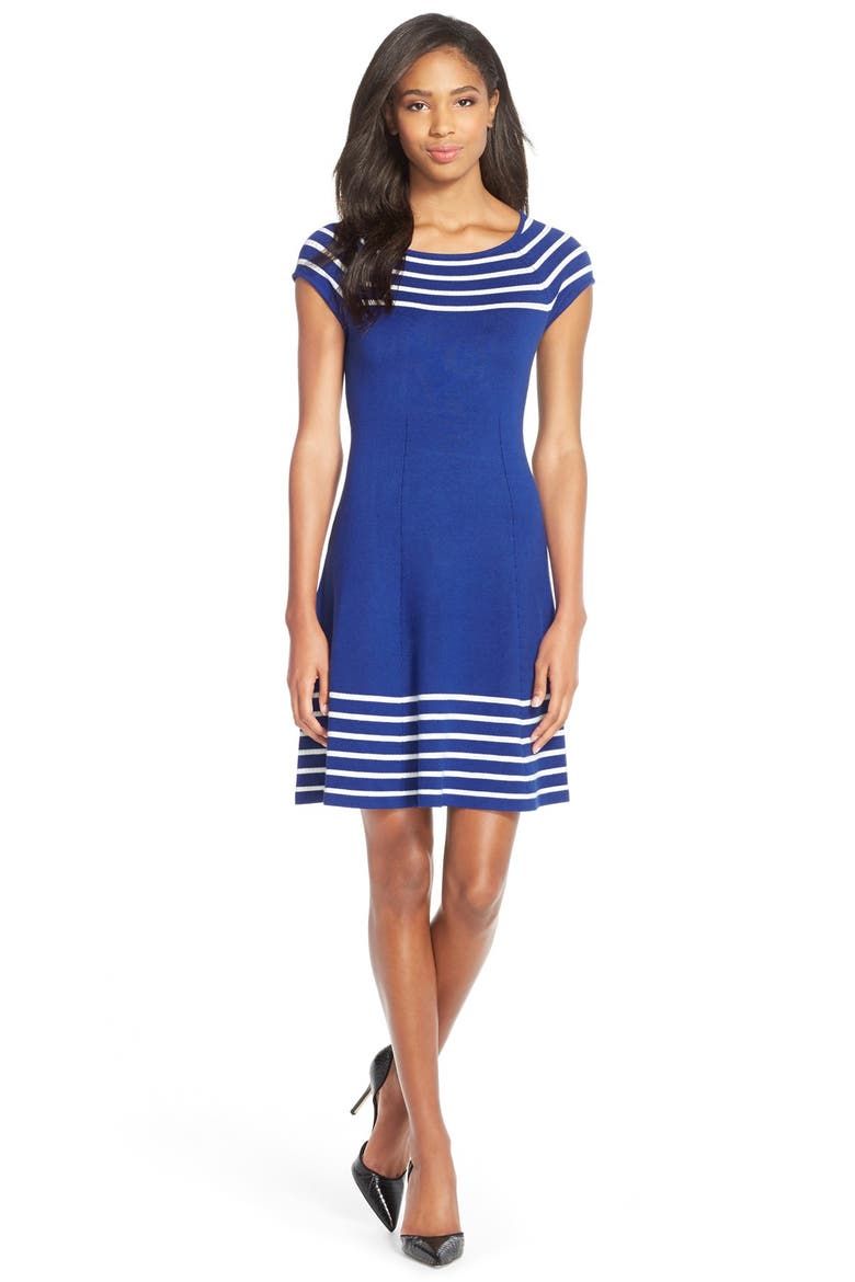 Stripe Knit Flared Dress, Alternate, color, COBALT