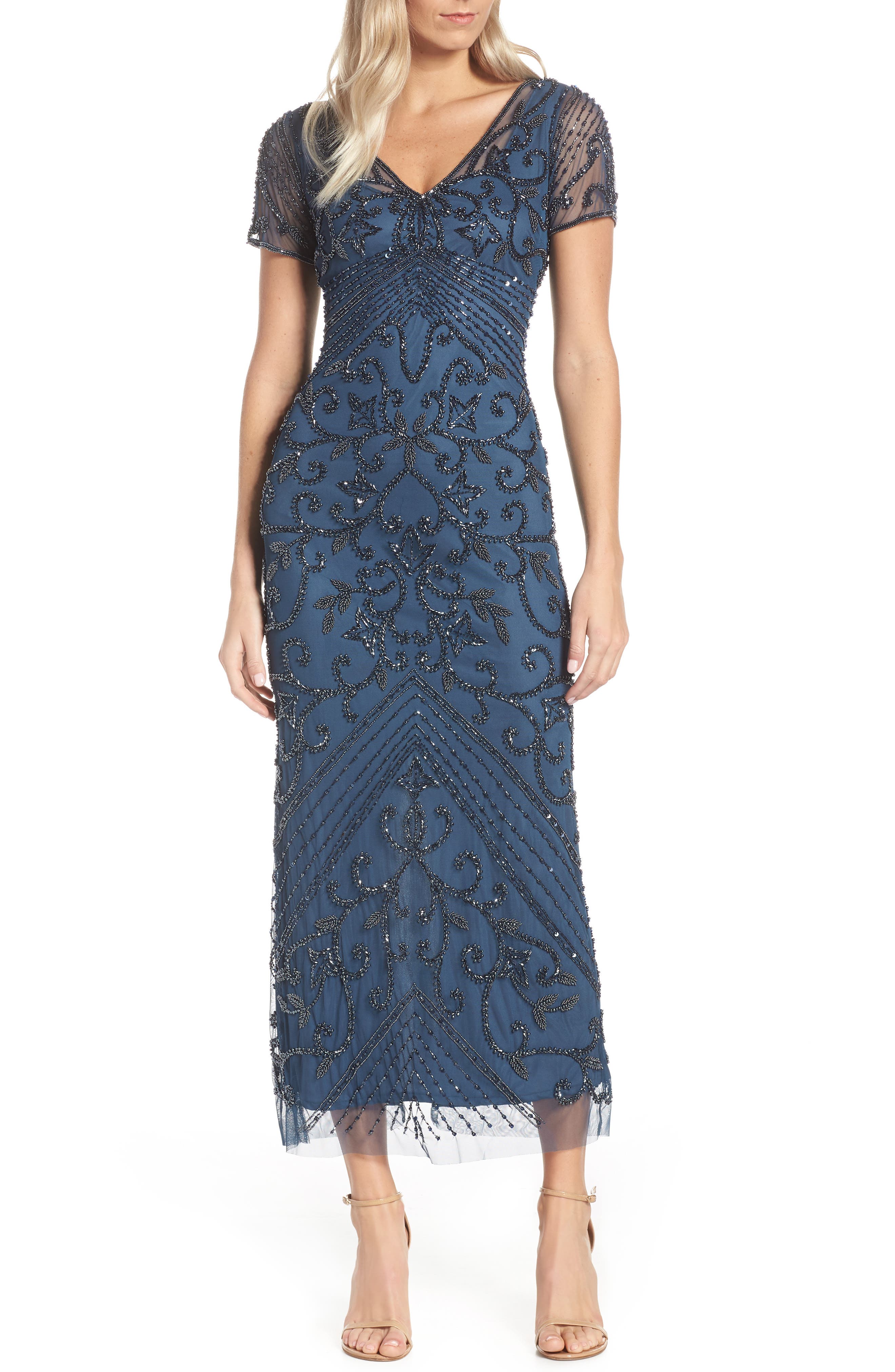 Pisarro Nights Beaded Mesh Column Gown in Coastal Blue 