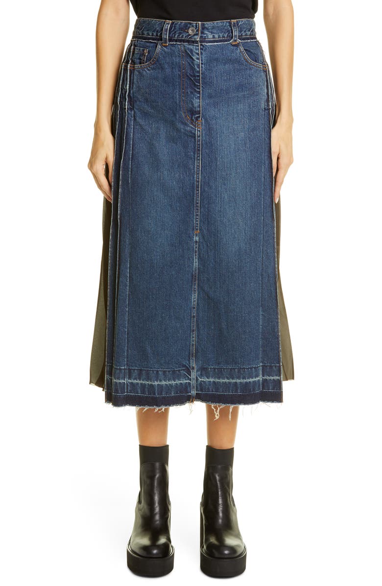 Sacai Split Pleated Denim Skirt, Main, color,