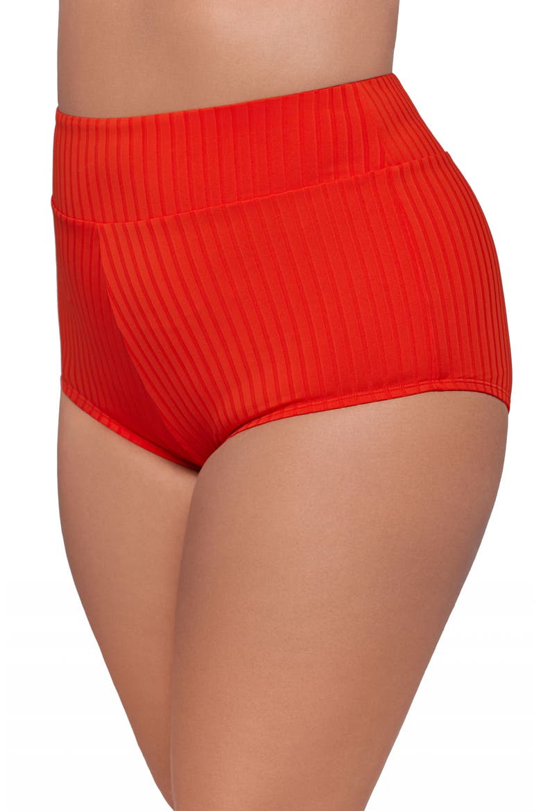 Smoothing and Sculpting Ribbed Ultra High-Waist Swim Shorts, Alternate, color, Scarlet
