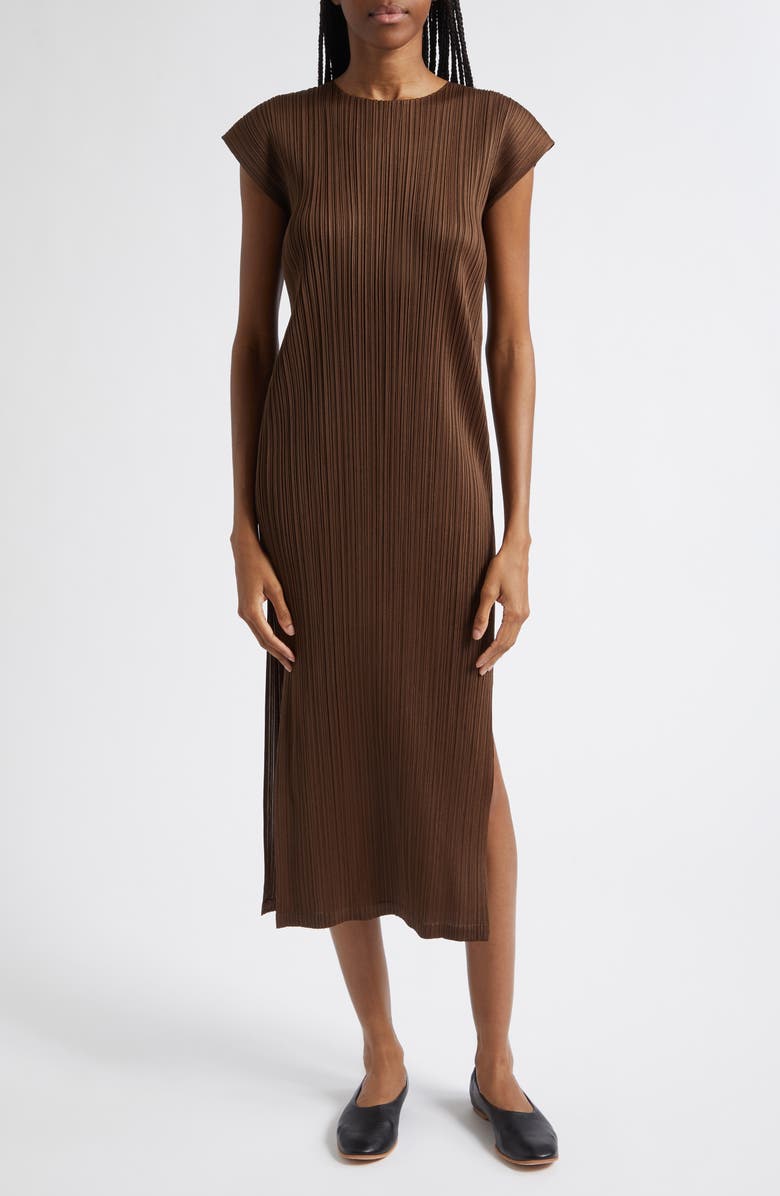Pleats Please Issey Miyake Swing Solid Pleated Midi Dress, Main, color, Brown