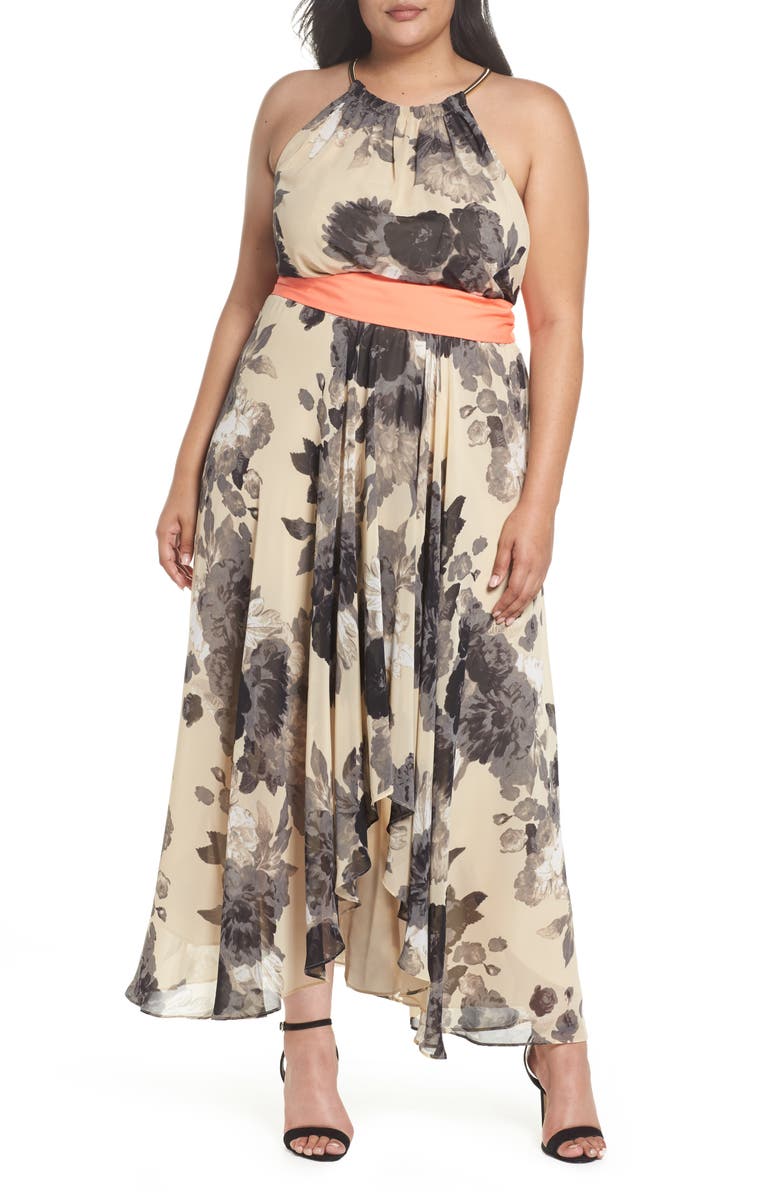 Eliza J Halter Floral Print Chiffon High/Low Dress, Main, color, 