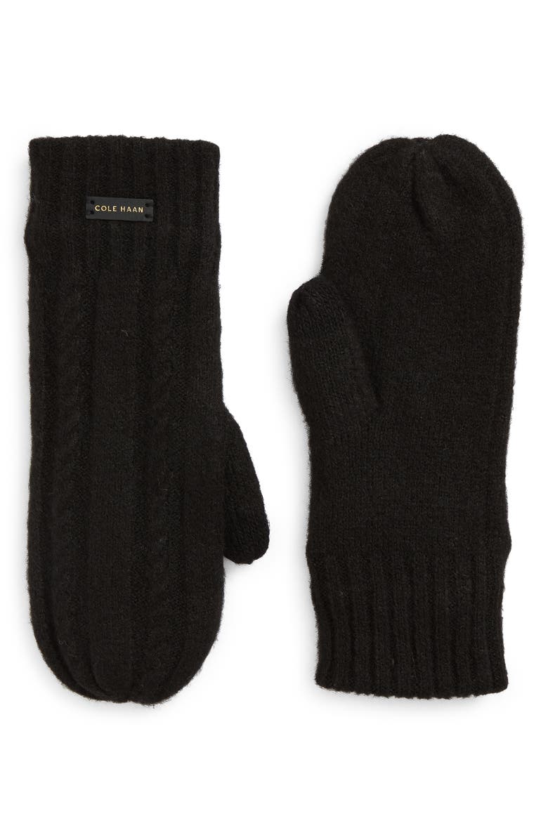 Cole Haan Wishbone Faux Fur Lined Cable Stitch Mittens, Main, color, Caviar