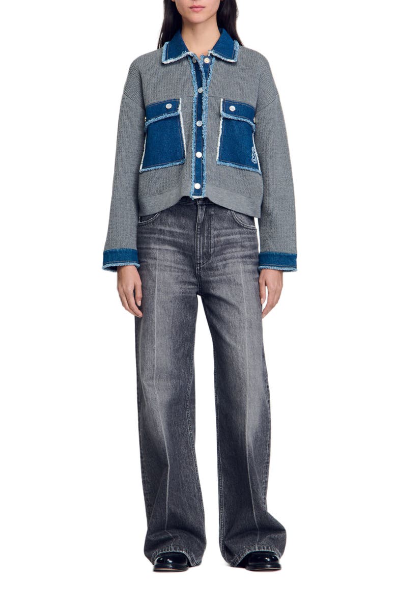 SANDRO Denim and knitwear coatigan, Alternate, color, 